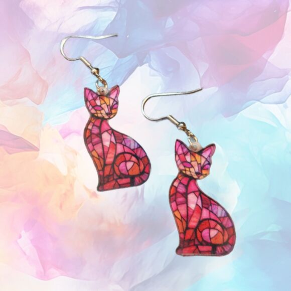 Pink Stained Glass CAT Earrings Dangle Acrylic - Picture 1 of 4